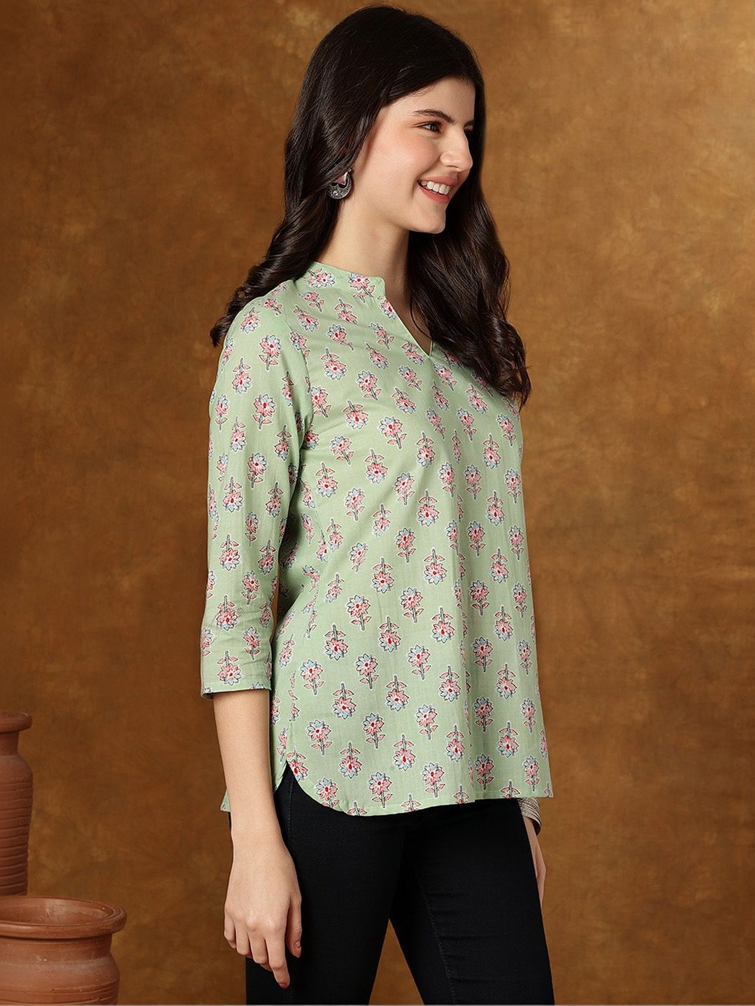 Sangria FUZN Floral Print Mandarin Collar Cotton Top