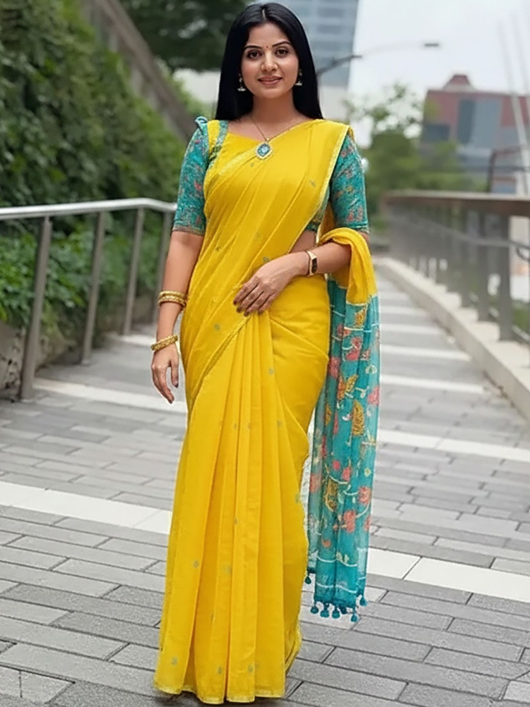 Mitera Floral Linen Blend Designer Block Print Saree
