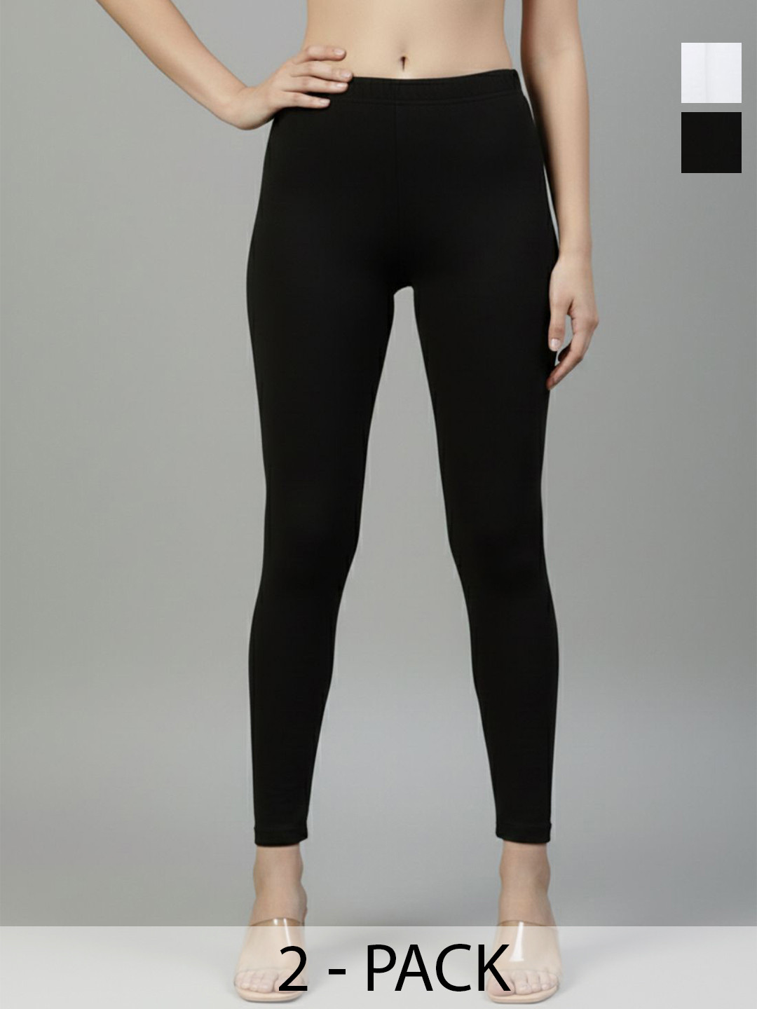ZAYANQA Pack of 2 White & Black Slim Fit Mid-rise Stretchable Cotton Ankle Length Leggings