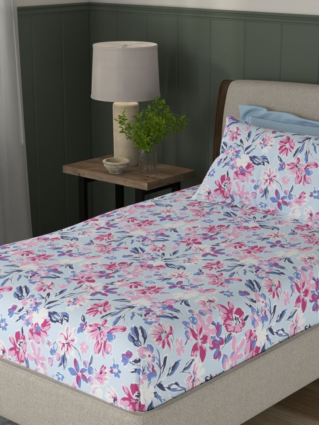 STELLAR HOME BY PORTICO Blue Floral 120 TC Single Bedsheet with 1 Pillow Covers