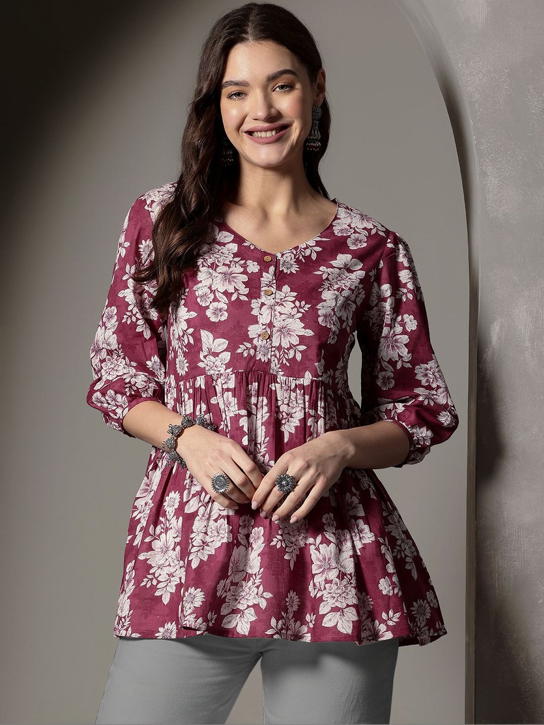Sangria FUZN Floral Print Cotton Top
