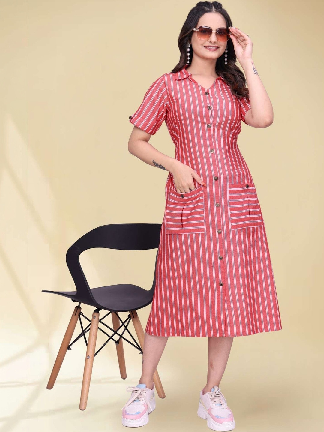 QENA Striped Applique A-Line Dress
