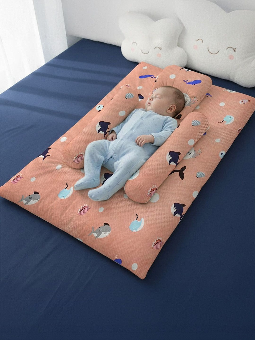 StarAndDaisy Infants Peach & Blue Printed Pure Cotton Baby Bed Sets