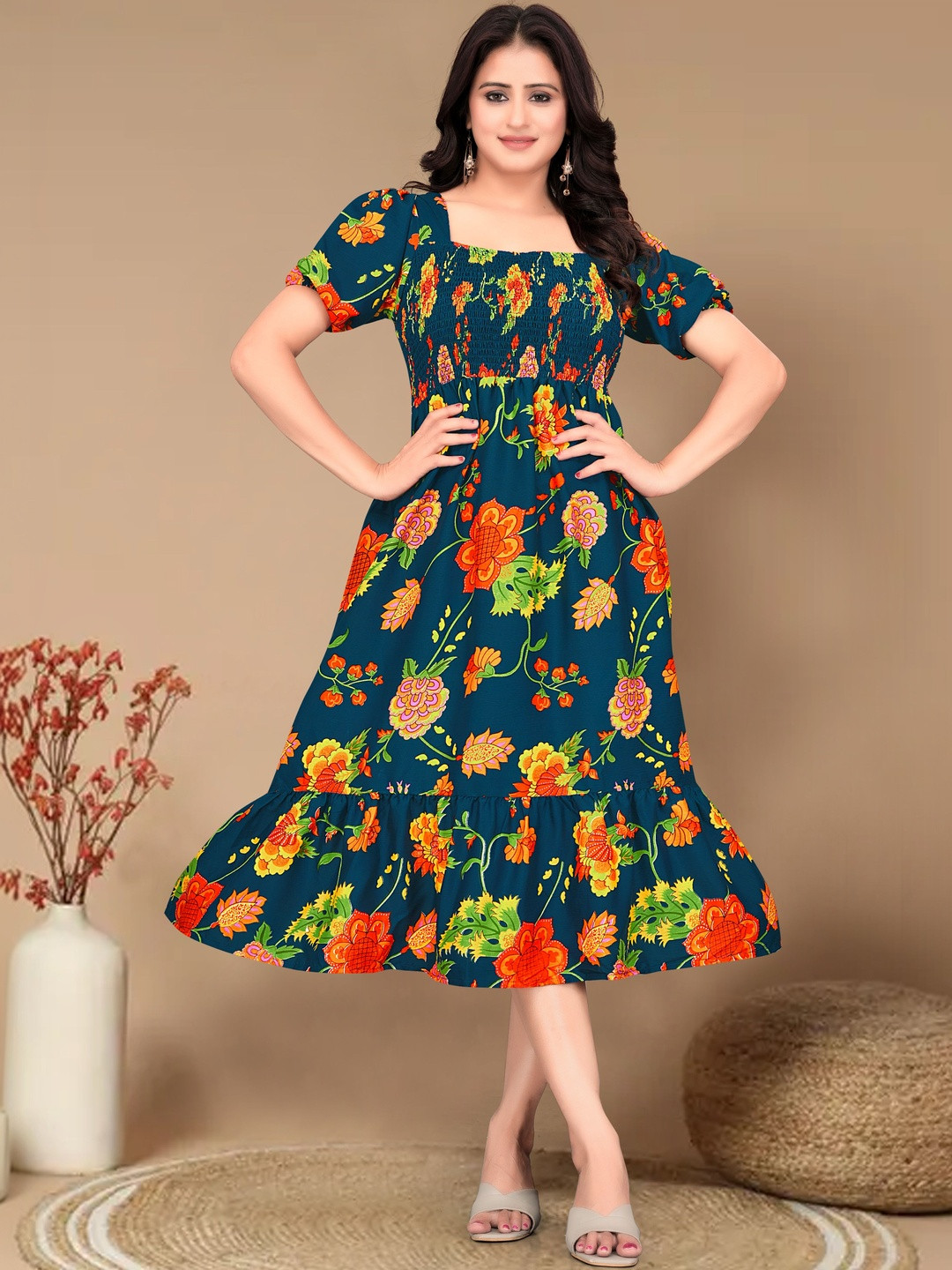 MENFLUENT Floral Print Puff Sleeve Crepe A-Line Midi Dress