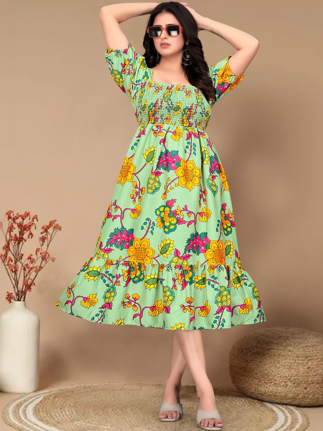 MENFLUENT Floral Print Puff Sleeve Crepe Fit & Flare Dress