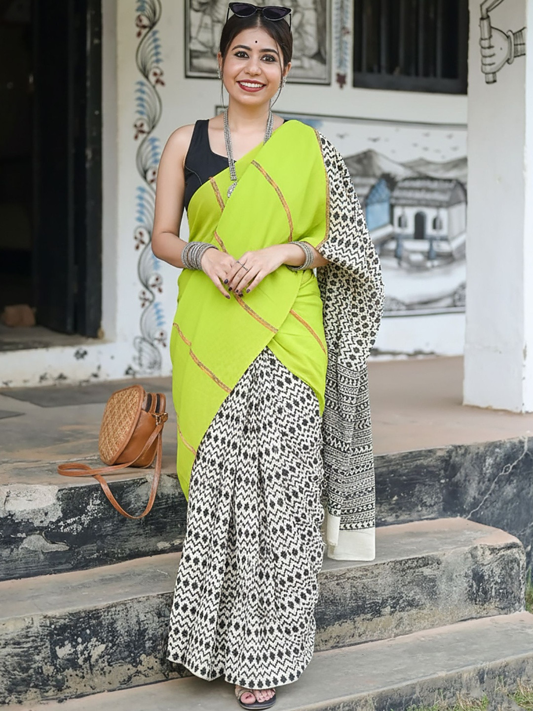 Mitera Linen Blend Block Print Saree