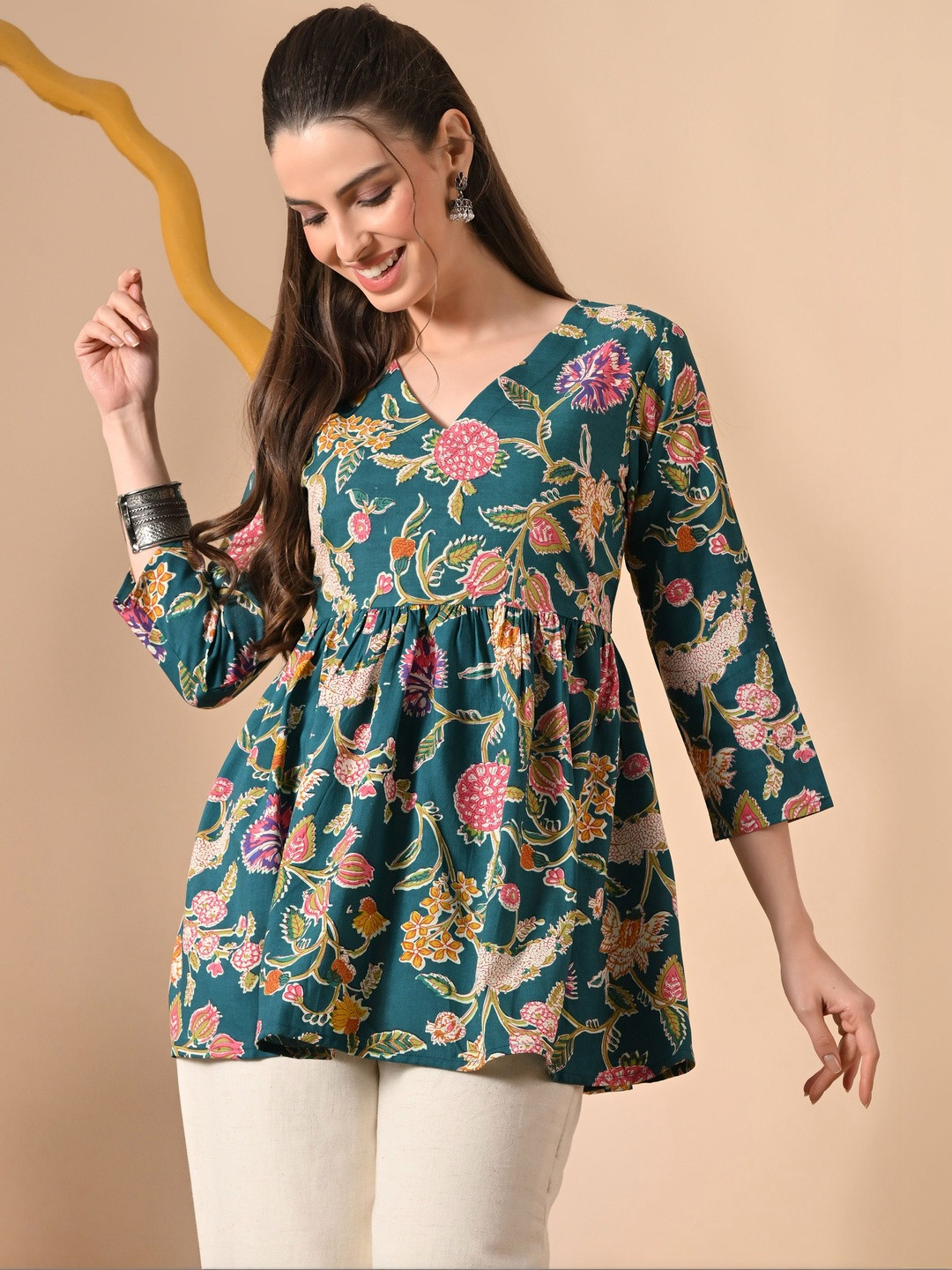 PHYSIL Floral Printed V-Neck Pure Cotton Empire Kurti