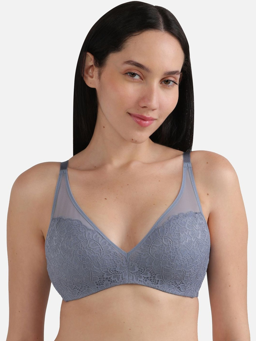 Wacoal Women Lace Padded Non-wired 3/4th Cup Bridal Wear Medium coverage Lace Bra-Grey