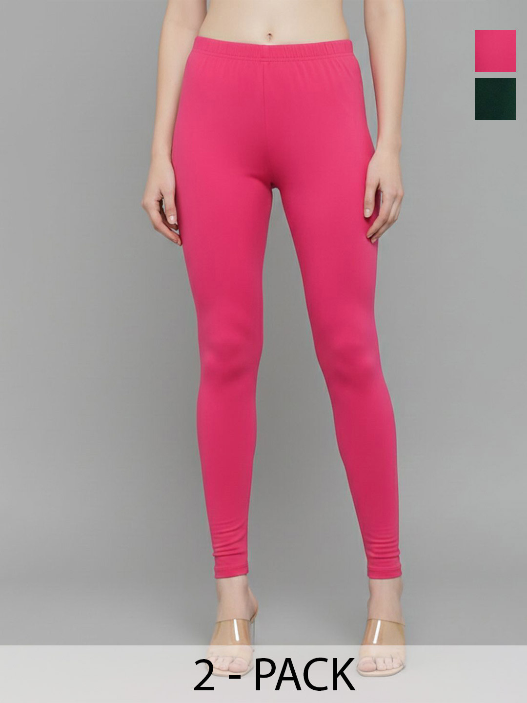 ZAYANQA Women Pack of 2 Pink & Green Slim Fit Stretchable Cotton Ankle Length Leggings