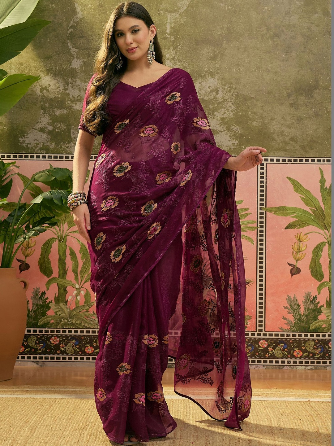 Sangria Embroidered Saree With Unstitched Blouse