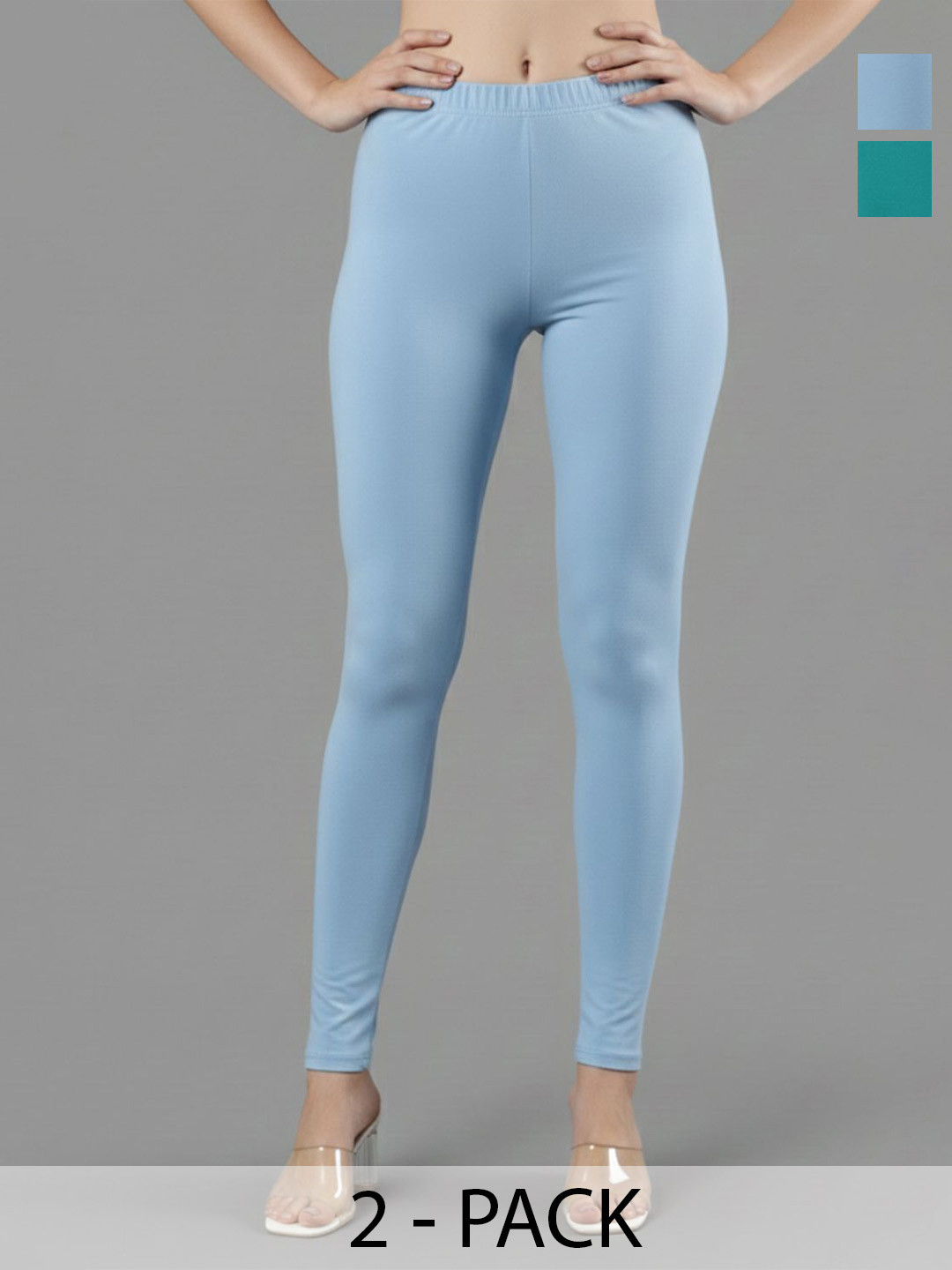 ZAYANQA Women Pack of 2 Sky Blue & Teal Slim Fit Mid-rise Cotton Ankle Length Leggings
