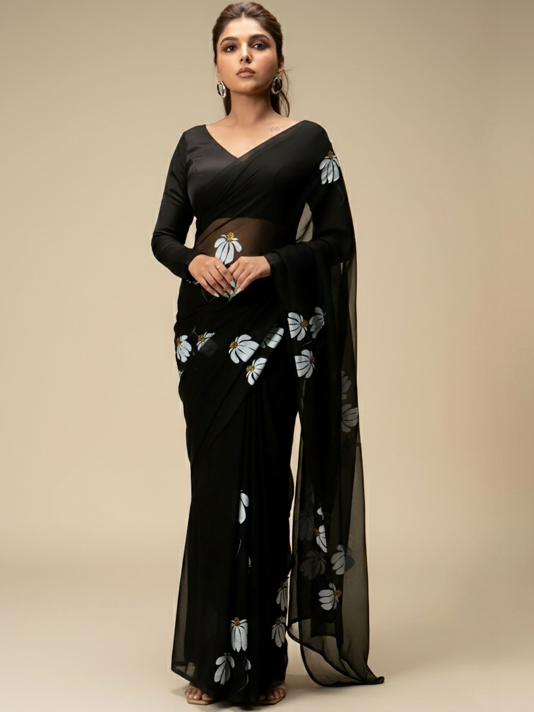 Mitera Floral Linen Blend Designer Block Print Saree