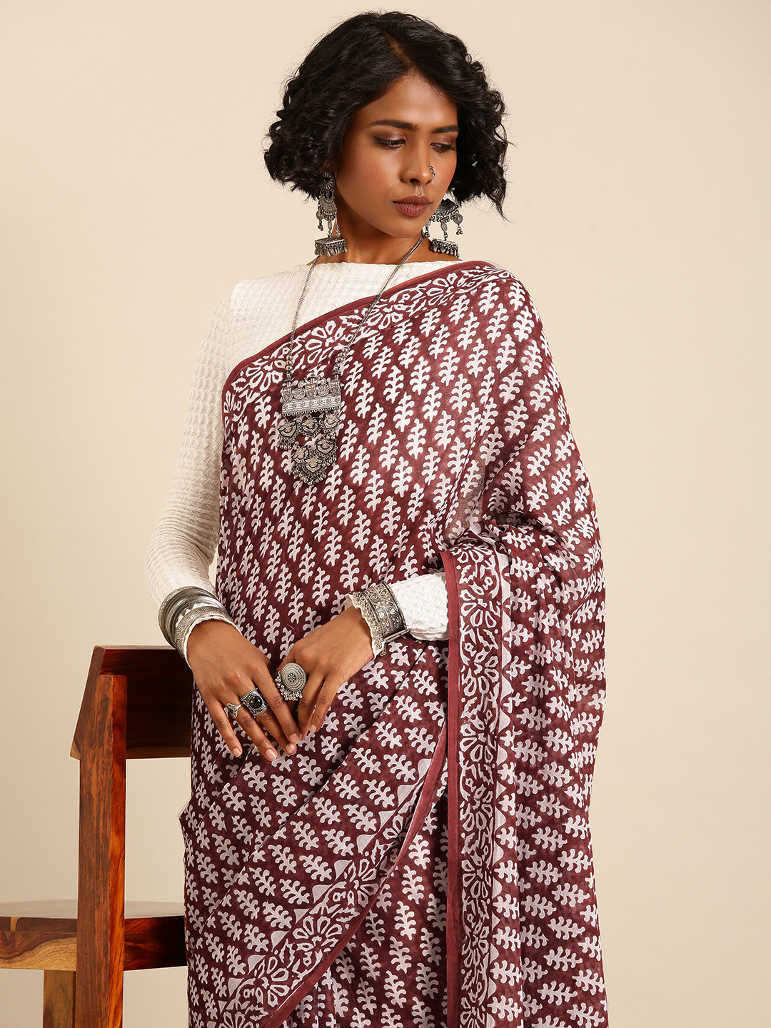 Taavi Ethnic Motifs Pure Cotton Hand Block Print Saree