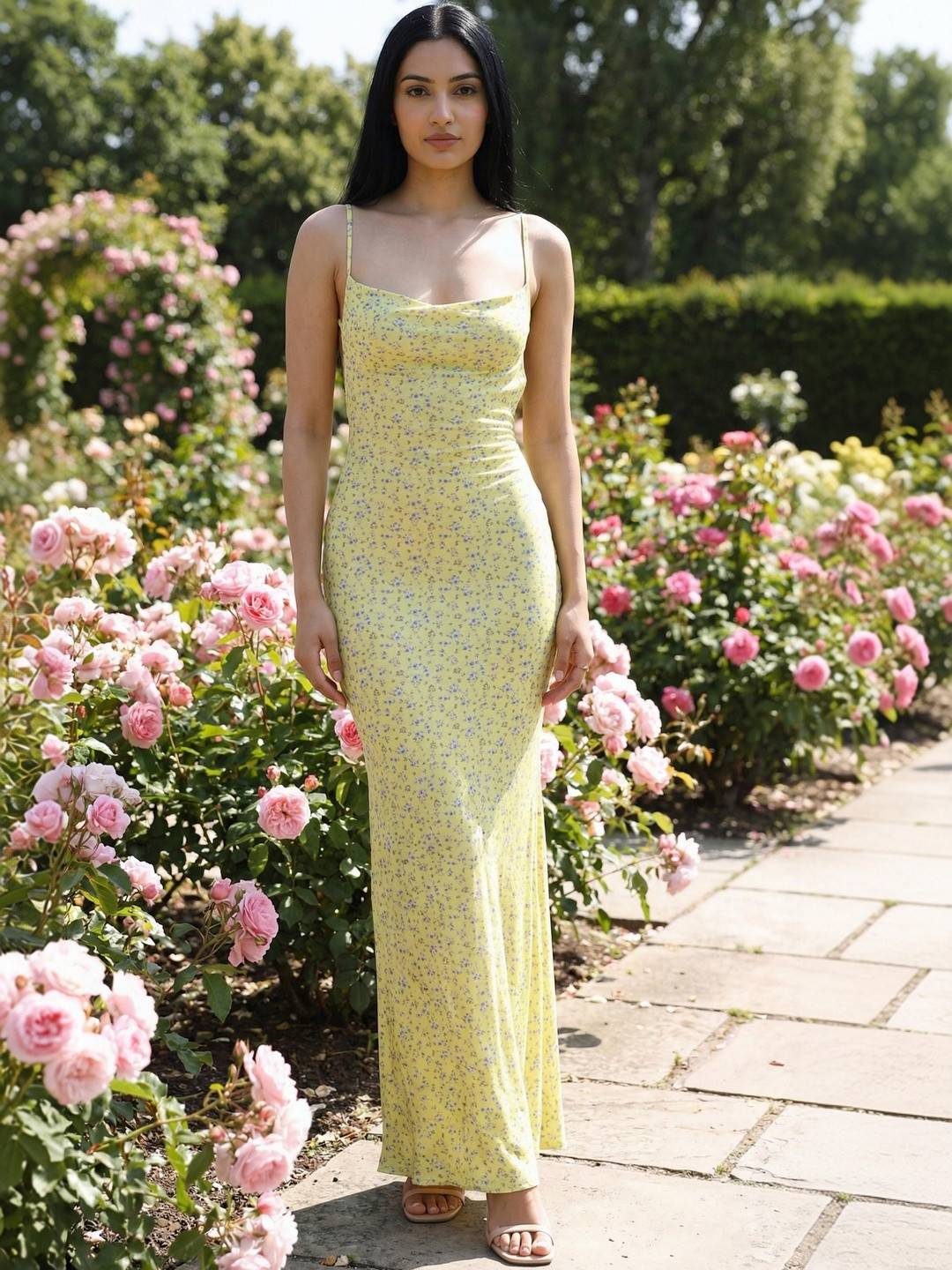 Zucchini Floral Print Cowl Neck Bodycon Maxi Dress