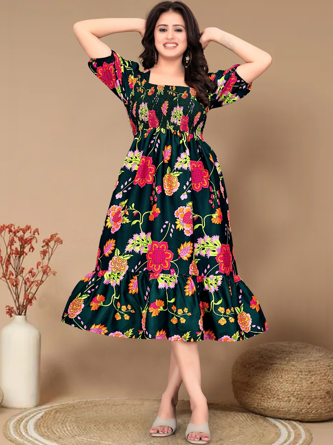 MENFLUENT Floral Print Puff Sleeve Crepe Maxi Midi Dress