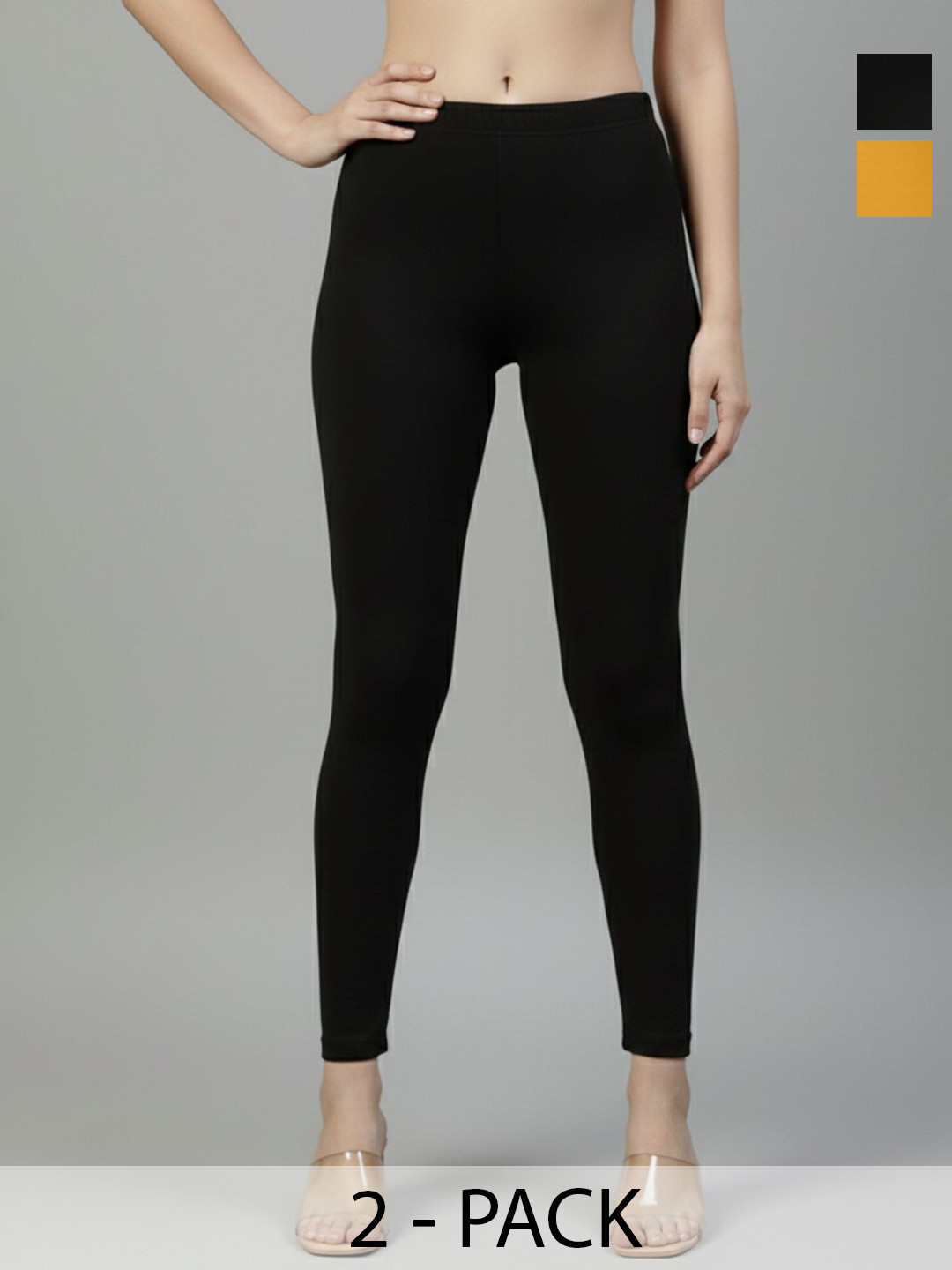 Women Pack of 2 Mustard & Black Slim Fit Mid-rise Stretchable Cotton Ankle Length Leggings