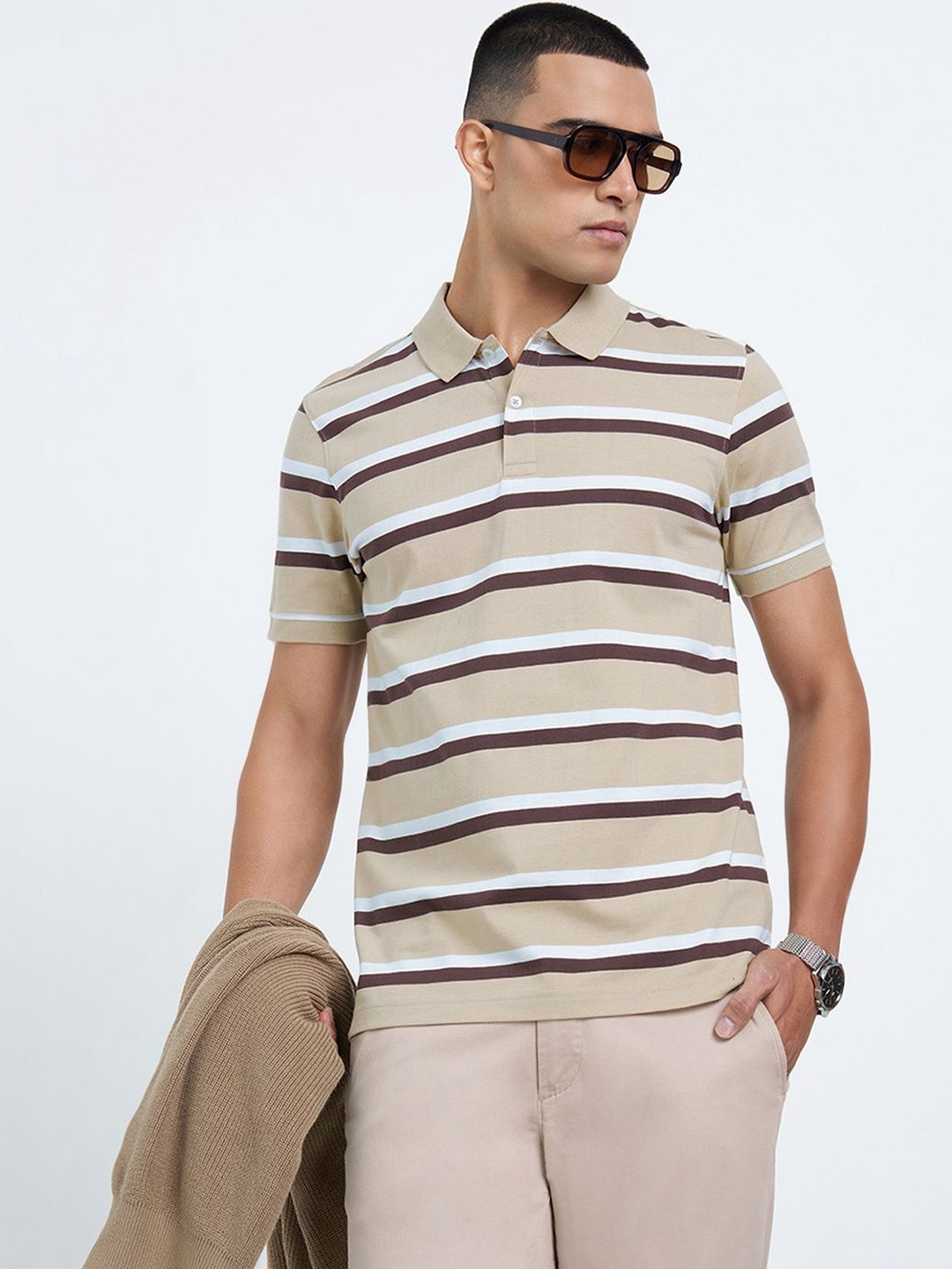Peregrine by Pantaloons Men Striped Polo Collar Slim Fit T-shirt