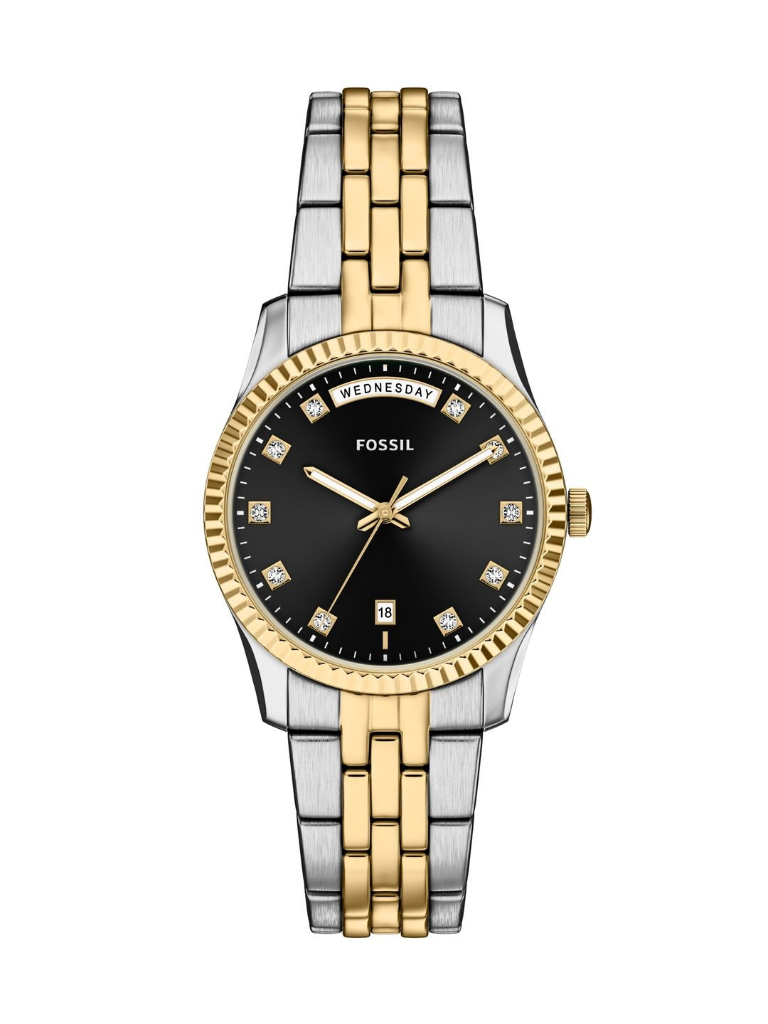 Fossil Women Embellished Dial & Stainless Steel Bracelet Style Straps Analogue Date Aperture Watch ES5458
