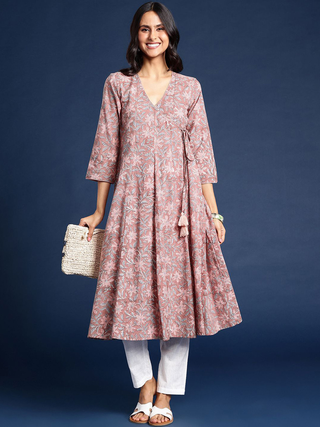 Taavi Floral Printed V-Neck Angrakha Cotton Anarkali Kurta