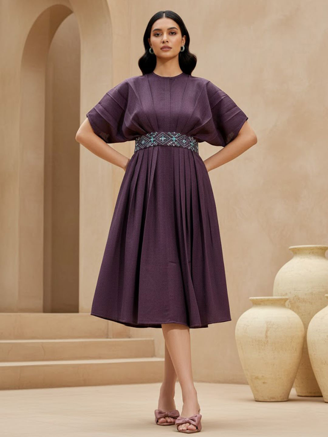 PURVAJA Puff Sleeve Linen Fit & Flare Midi Dress