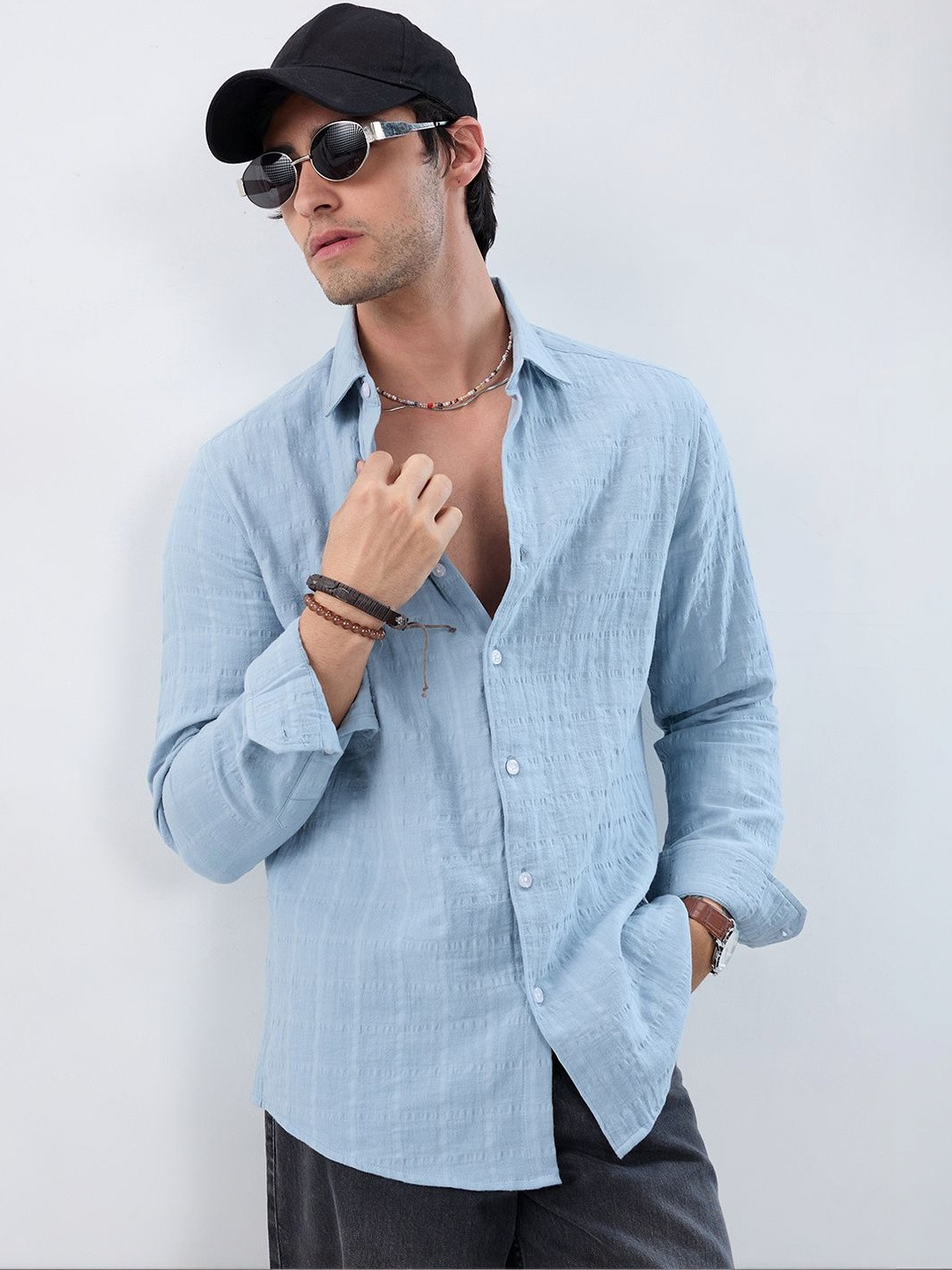 VASTRADO Premium Ice Mist Grid Emboss Double Cloth Shirt