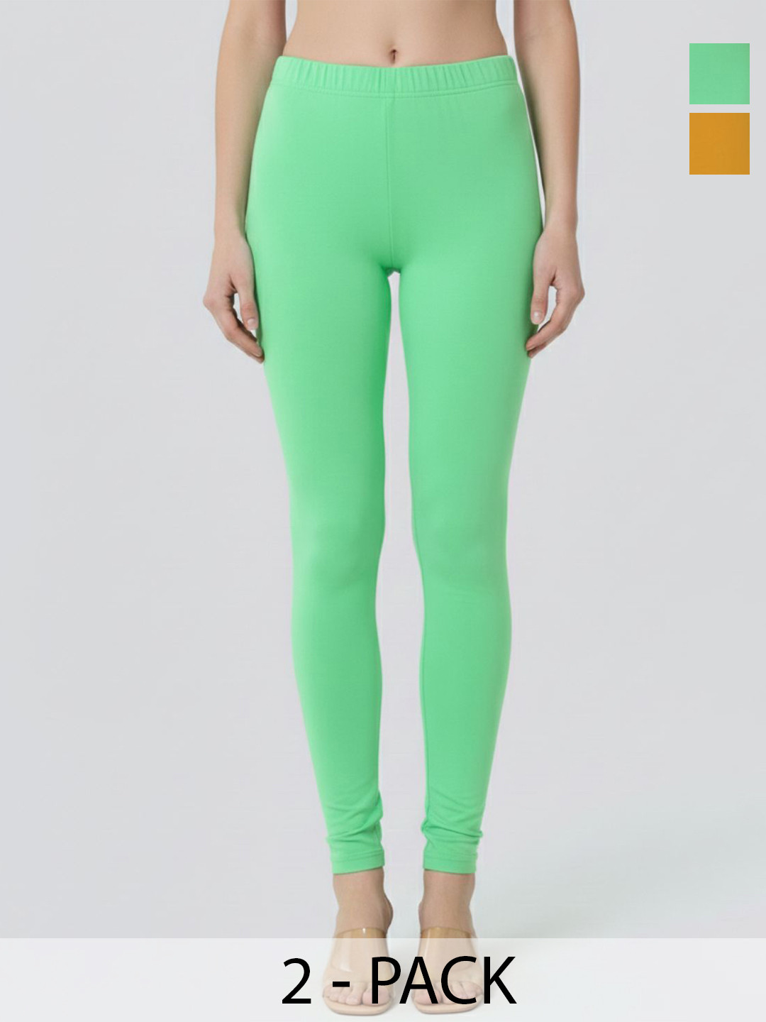 ZAYANQA 2 Pcs Mustard & Mint Green Slim Fit Mid-rise Stretch Cotton Ankle Length Legging