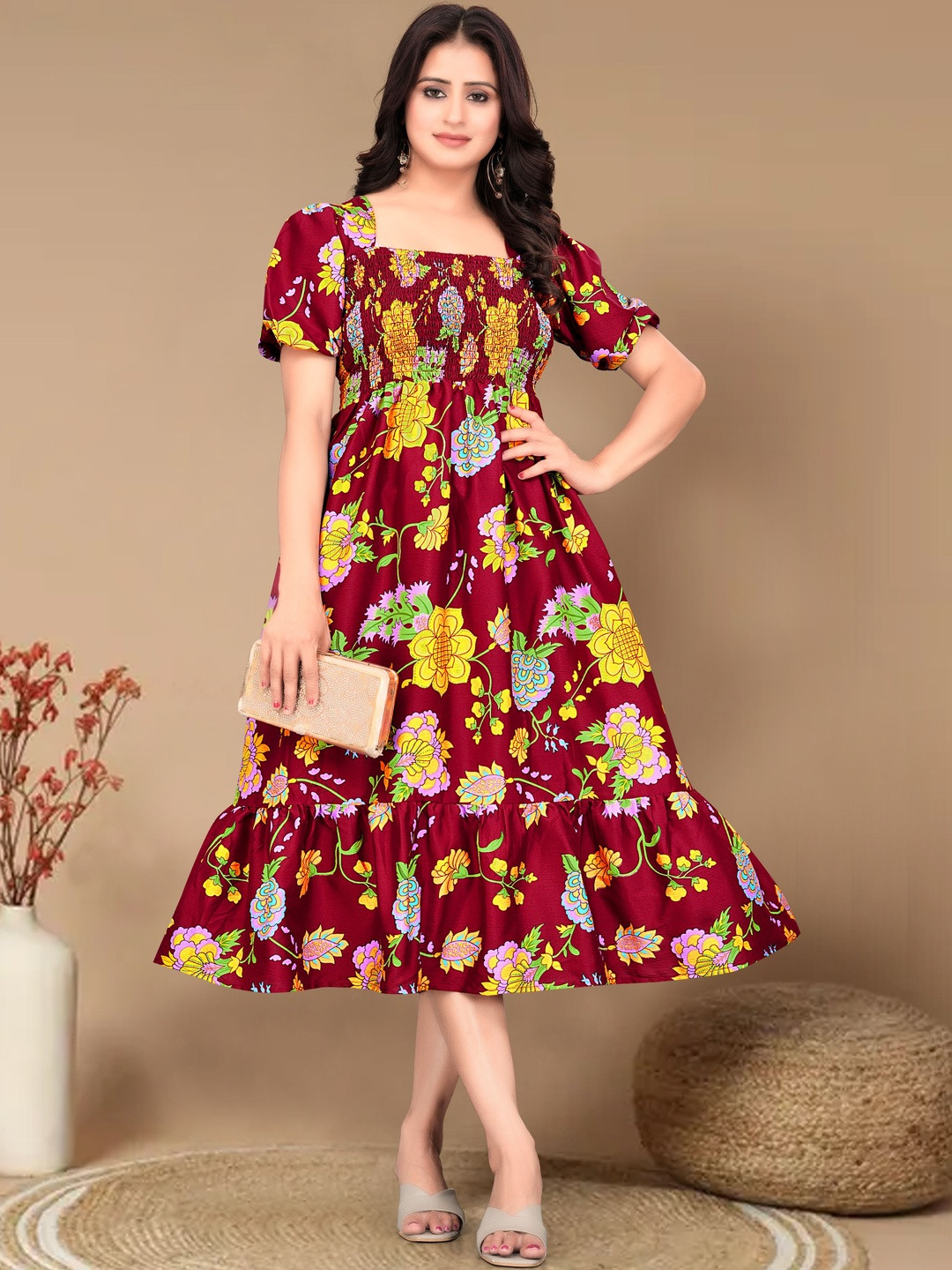 MENFLUENT Floral Print Puff Sleeve Crepe Fit & Flare Midi Dress