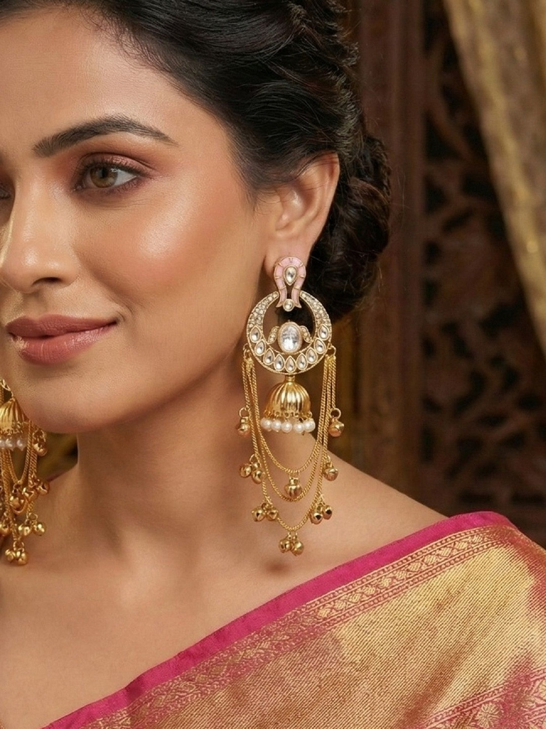 House of Pataudi Gold-Plated Pearls Shoulder Duster Earrings