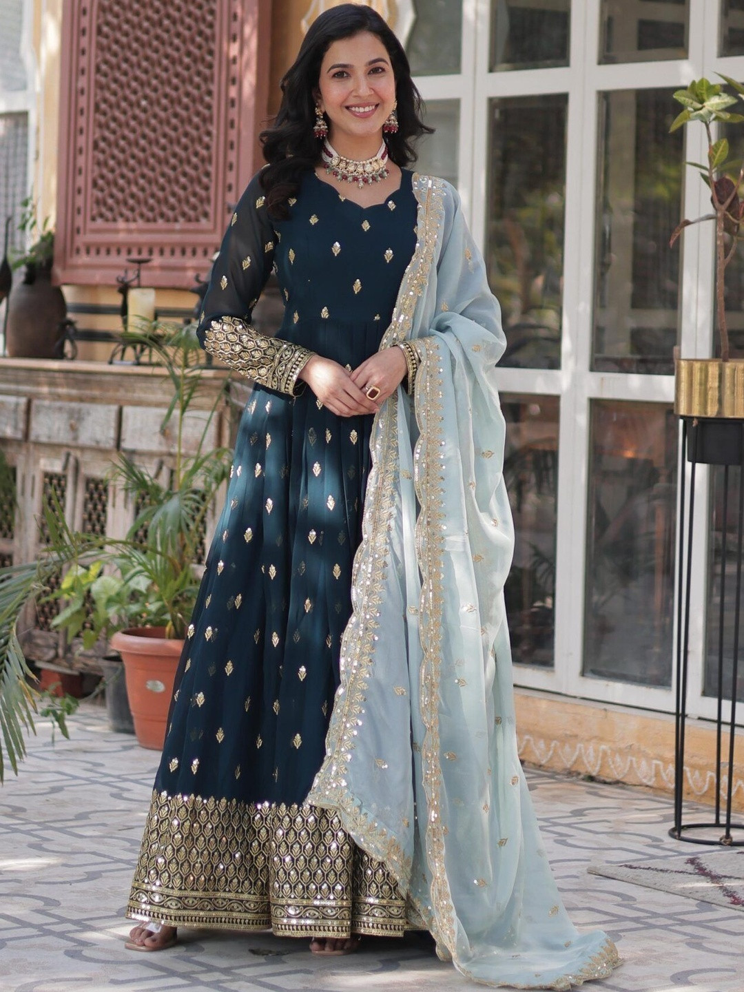 ANVERI TEXTILES Embellished Georgette A-Line Maxi Dress