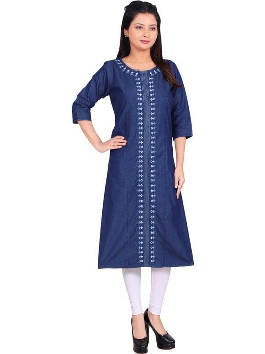 ANMOL FASHION Women Blue Round Neck Geometric Mirror Work Denim Kurta