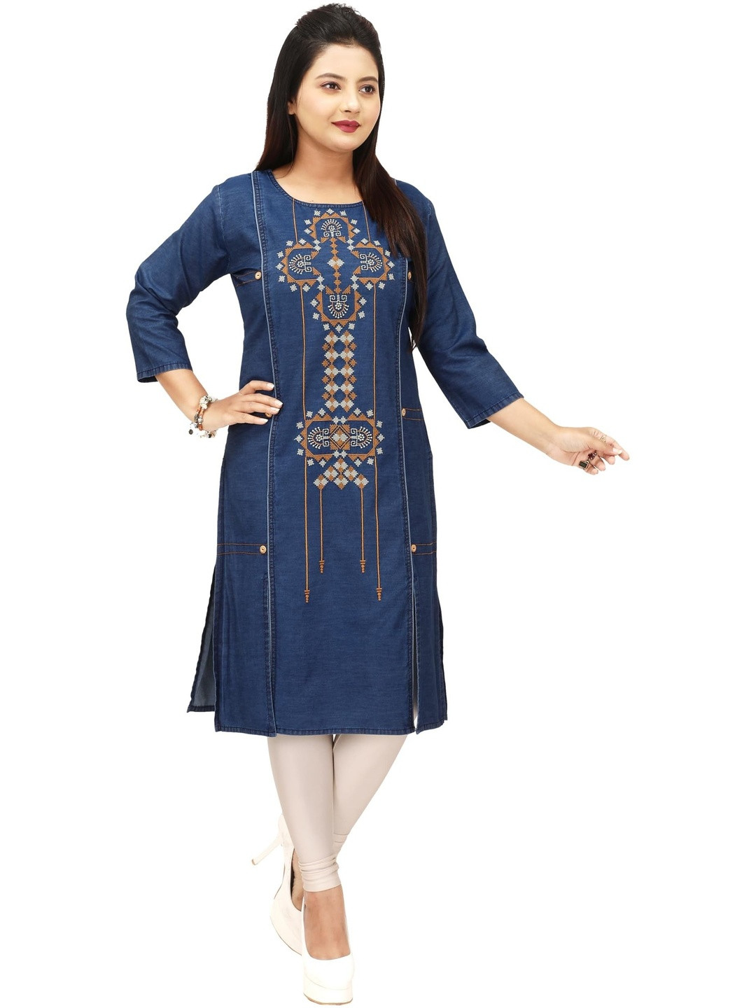 ANMOL FASHION Women Blue Round Neck Cross Stitch Panelled Embroidered Denim Kurta