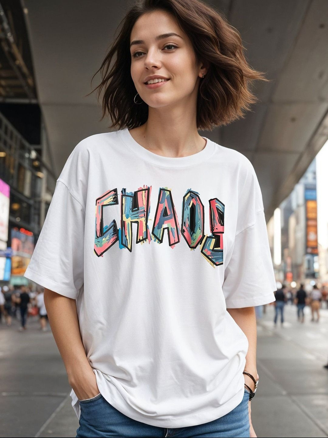 Calm Down Women Typography Printed Drop-Shoulder Sleeves T-shirt
