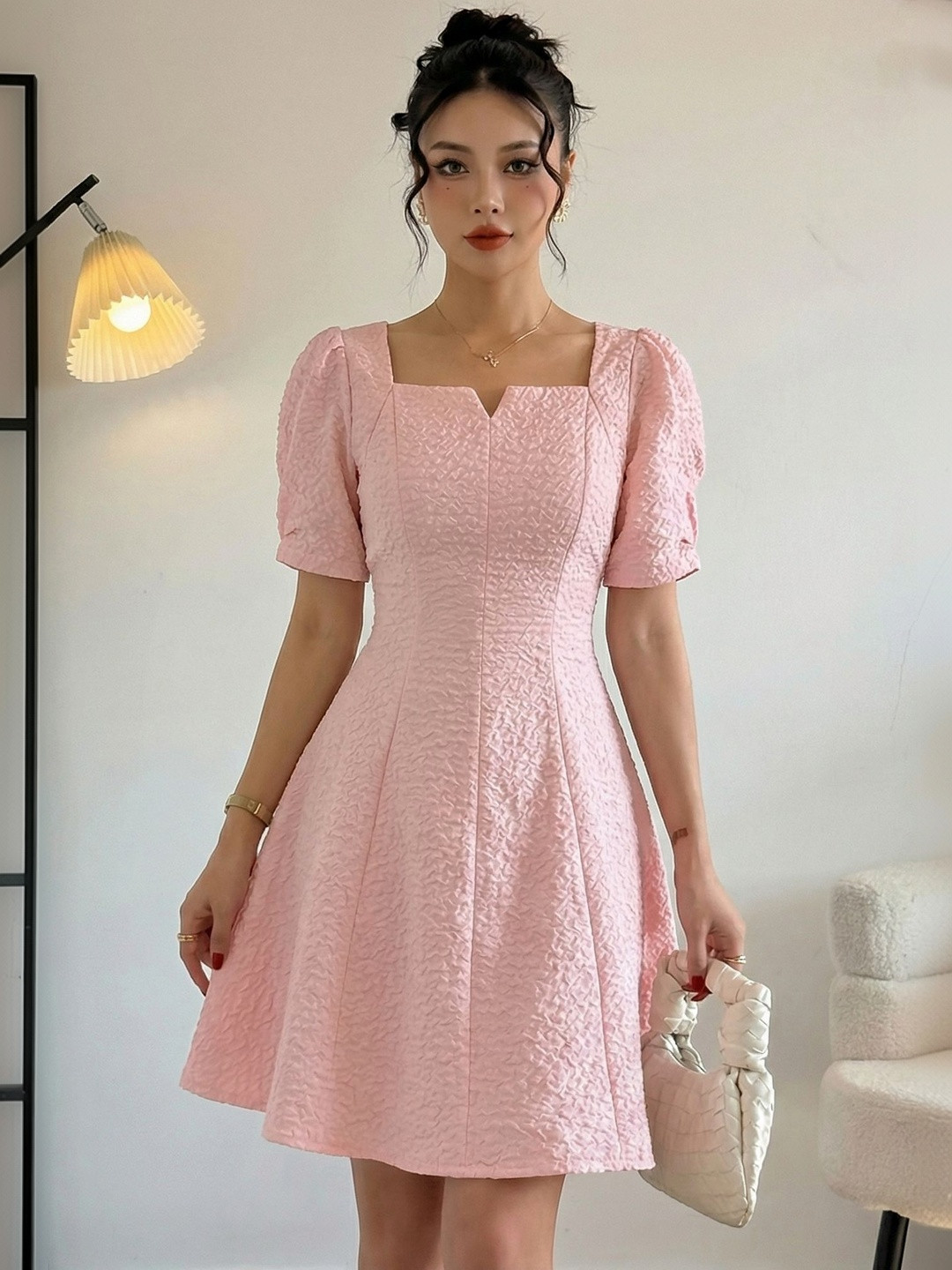 Zucchini Puff Sleeve Fit & Flare Dress