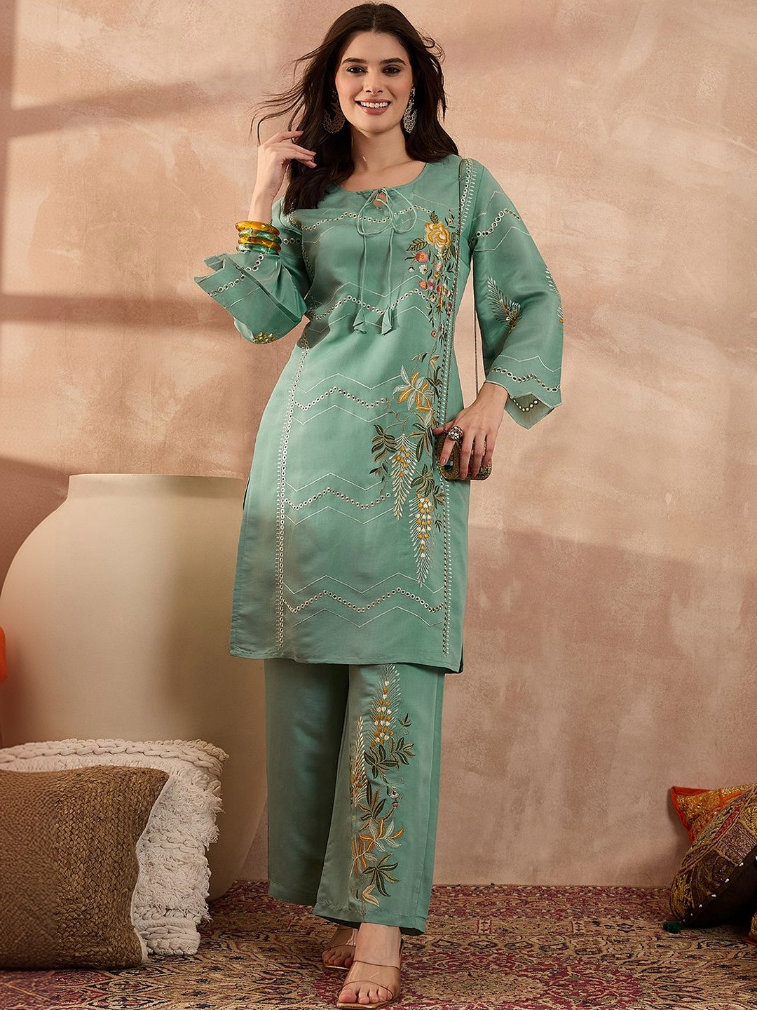 House of Pataudi Embroidered Round Neck Tunic & Trousers Co-Ords