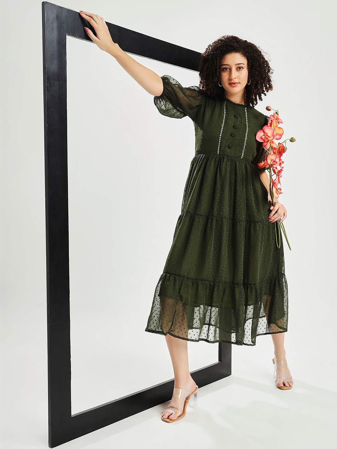Olive Midi Dress with Puff Sleeves and Decorative Buttons