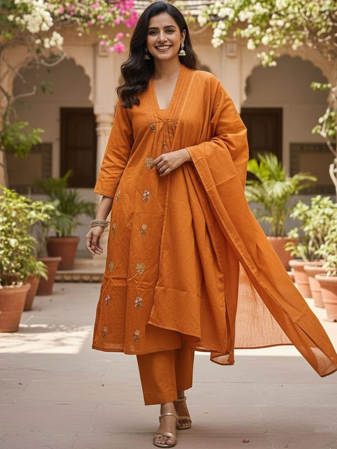 Gopi Prem Women Ethnic Motifs Embroidered Regular Thread Work Pure Cotton Kurta with Trousers & With Dupatta