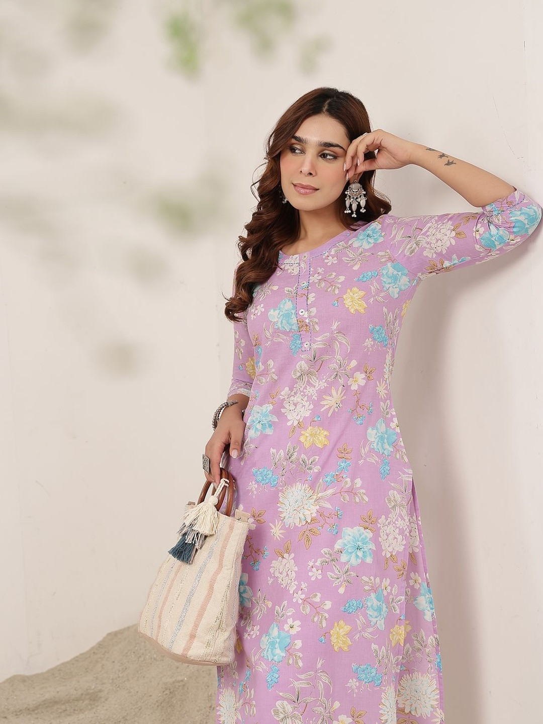 GULMOHAR JAIPUR Thread Work Cotton Floral Straight Calf Length Kurta