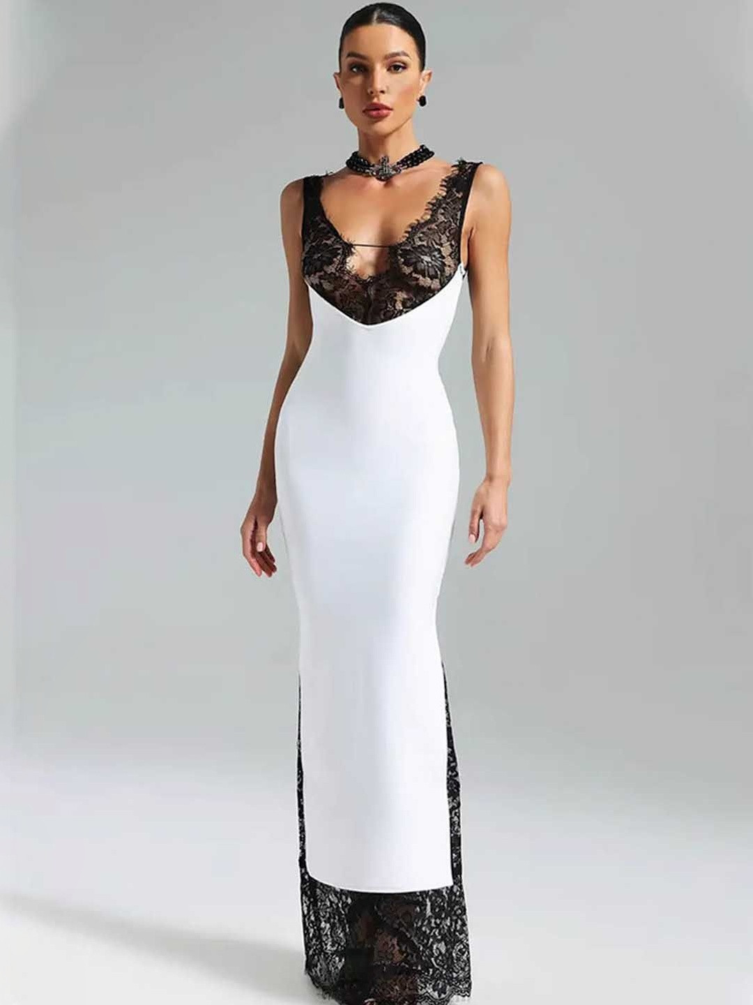 bebe Colourblock Lace Detail Bodycon Sleeveless Maxi Dress