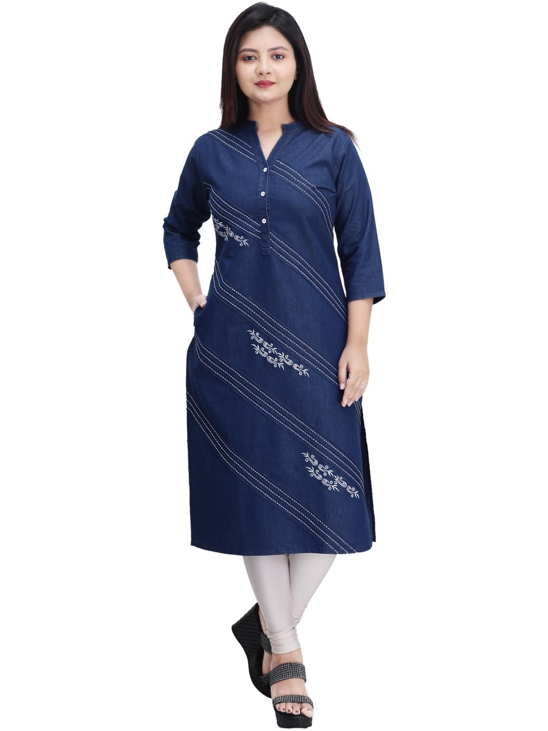 ANMOL FASHION Women Blue Mandarin Collar Diagonal Stitched Floral Embroidered Denim Kurta