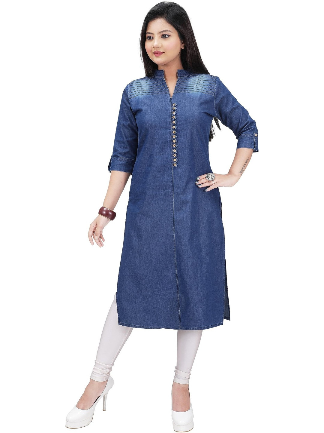 ANMOL FASHION Women Blue Mandarin Collar Pintucks Solid Denim Kurta