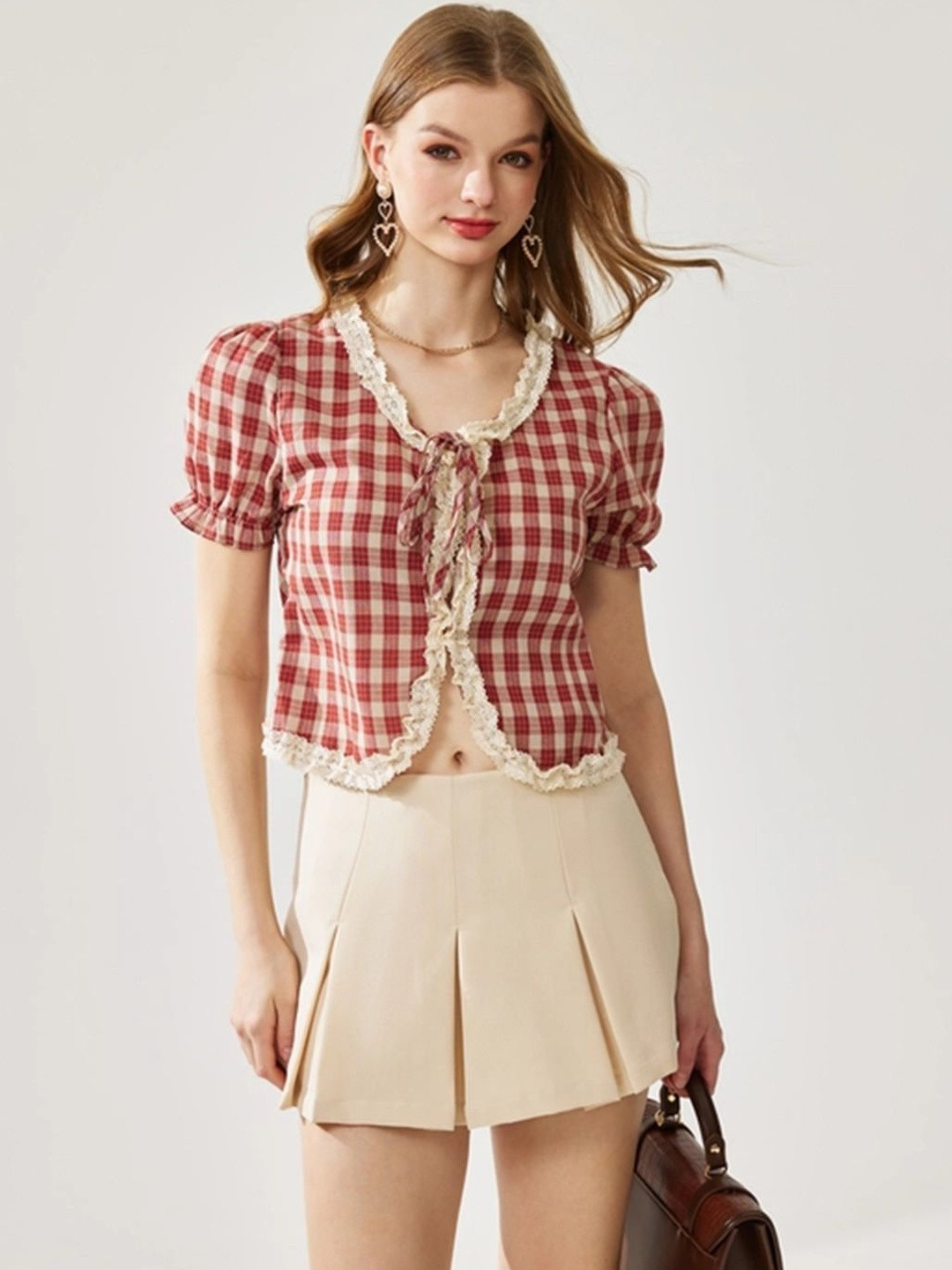 Zucchini Checked Puff Sleeve Ruffles Crop Top