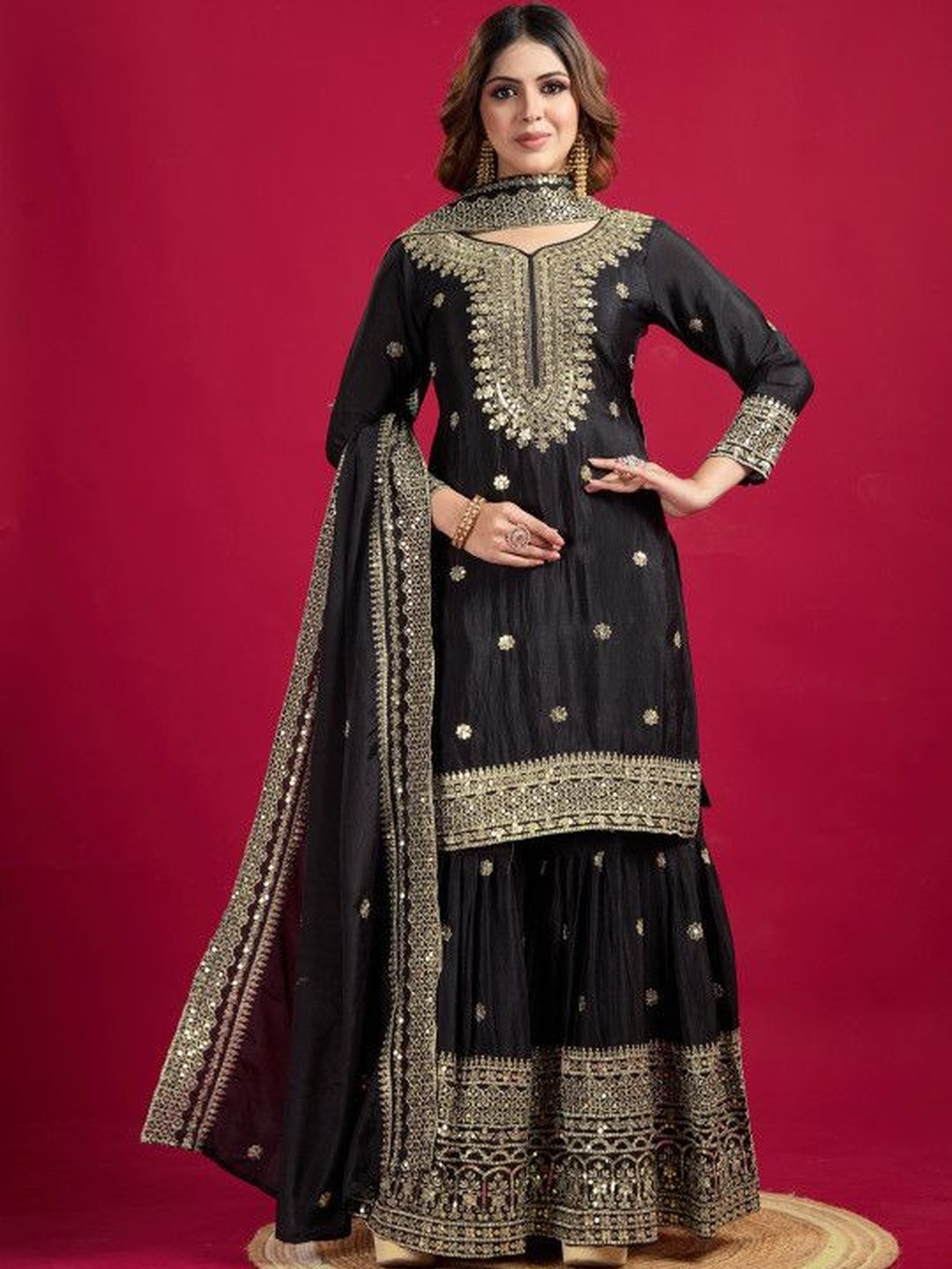 THE STORY OF SHARARA Women Ethnic Motifs Embroidered Regular Sequinned Kurta with Sharara & With Dupatta