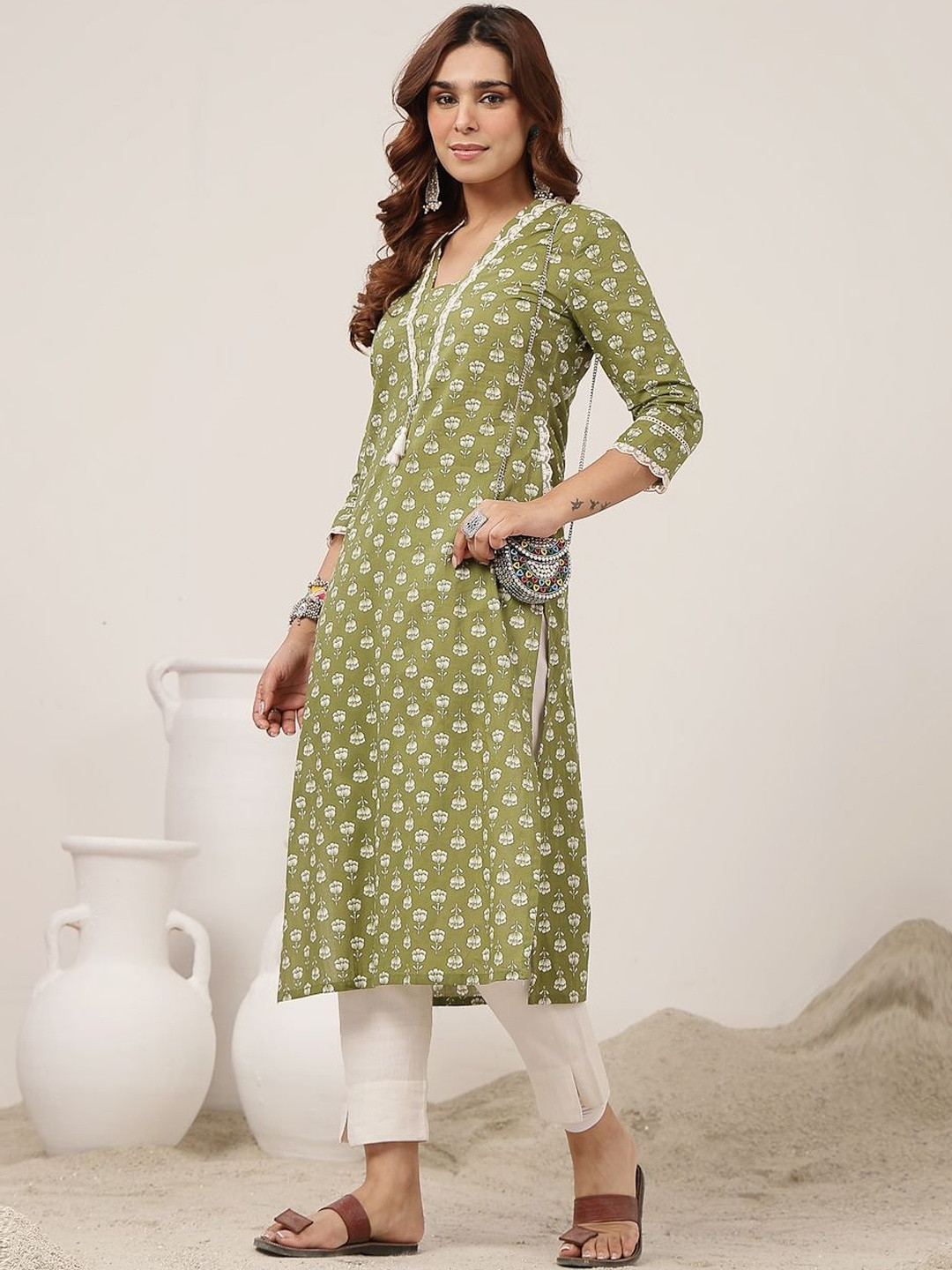 GULMOHAR JAIPUR Zari Cotton Ethnic Motifs Straight Calf Length Kurta