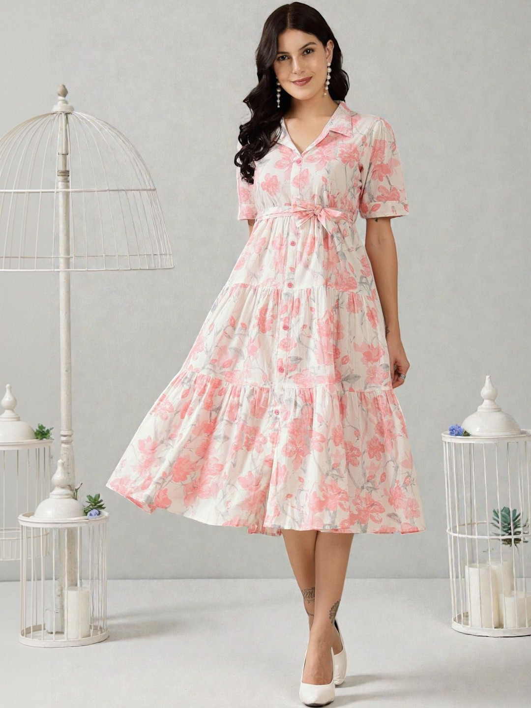 Moda Rapido Floral Print Crepe A-Line Midi Dress