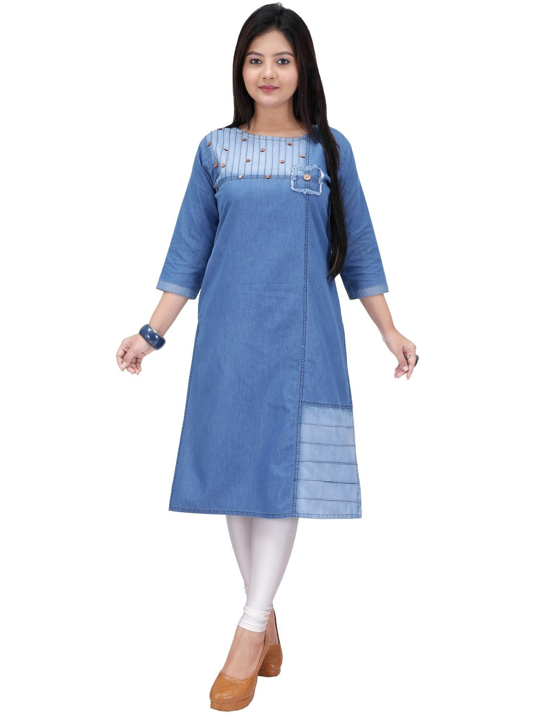 ANMOL FASHION Women Blue Round Neck Applique Patchwork Denim Kurta