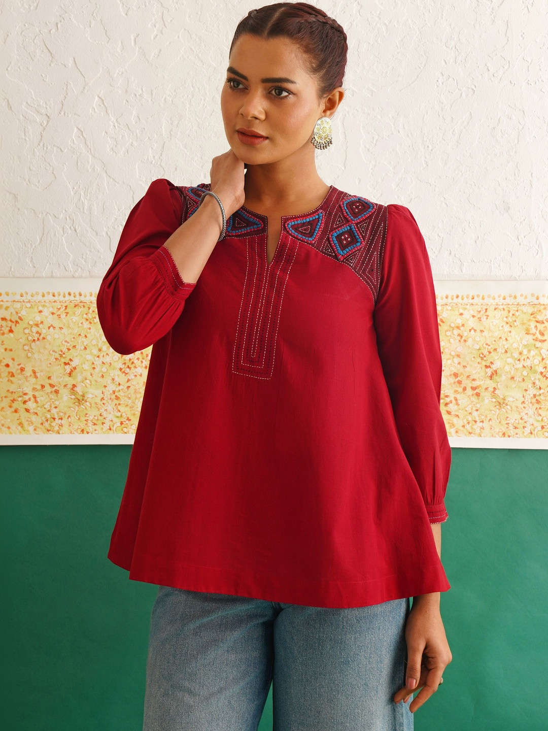 JAYPORE Women Red Cotton Embroidered Round Neck Loose Fit Tops