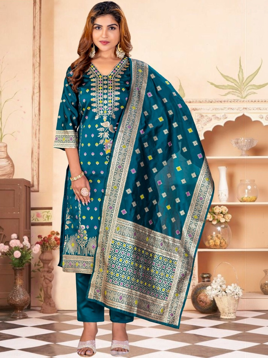 BROYAAR SHOP Ethnic Motifs Embroidered Regular Thread Work Kurta Trousers With Dupatta