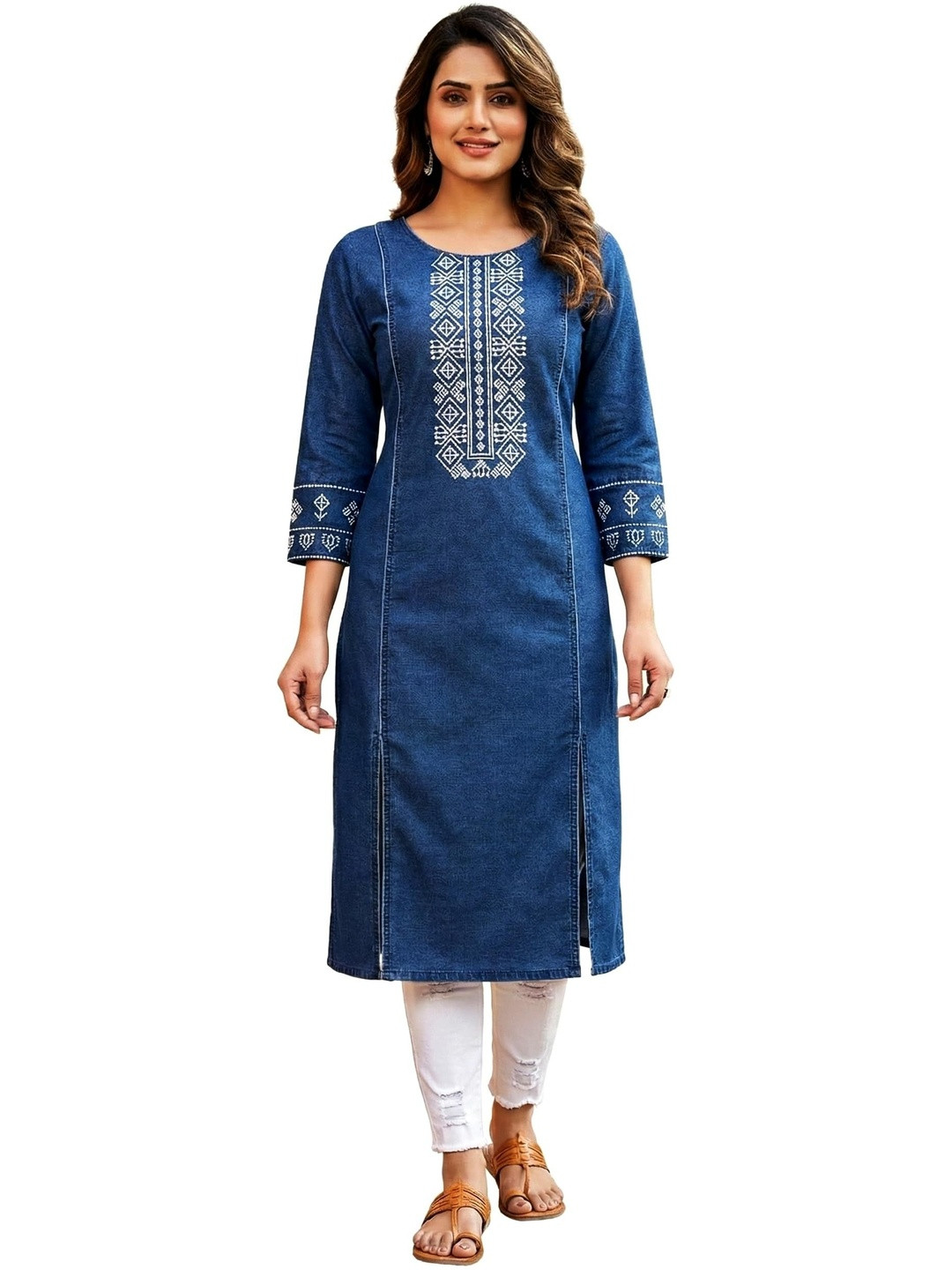 ANMOL FASHION Women Blue Round Neck Embroidered Front Slit Denim Kurta