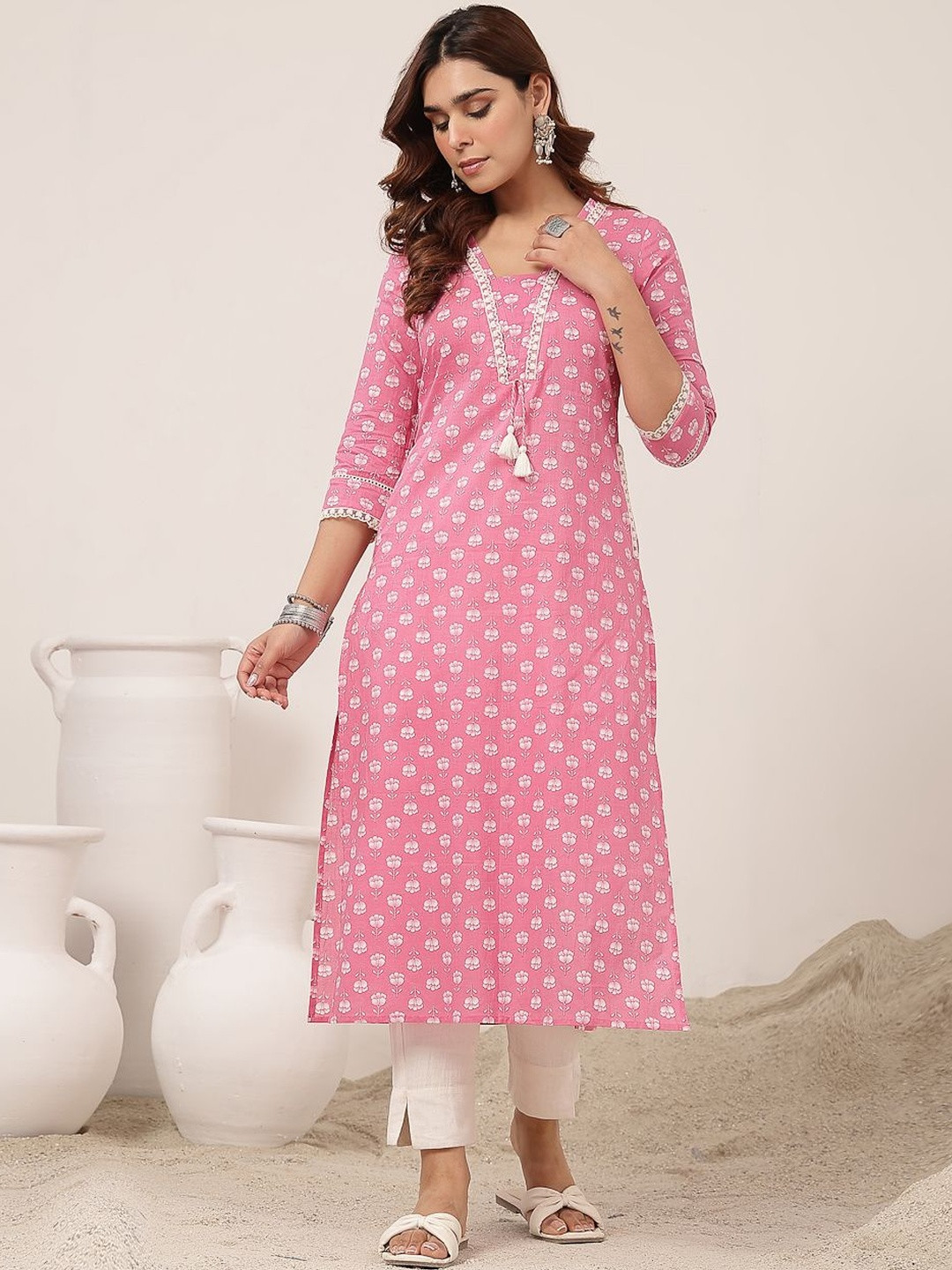 GULMOHAR JAIPUR Gotta Patti Cotton Ethnic Motifs Straight Calf Length Kurta