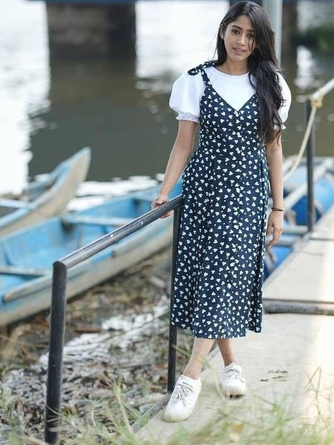 Sadhnazon Print Puff Sleeve Pinafore Midi Dress